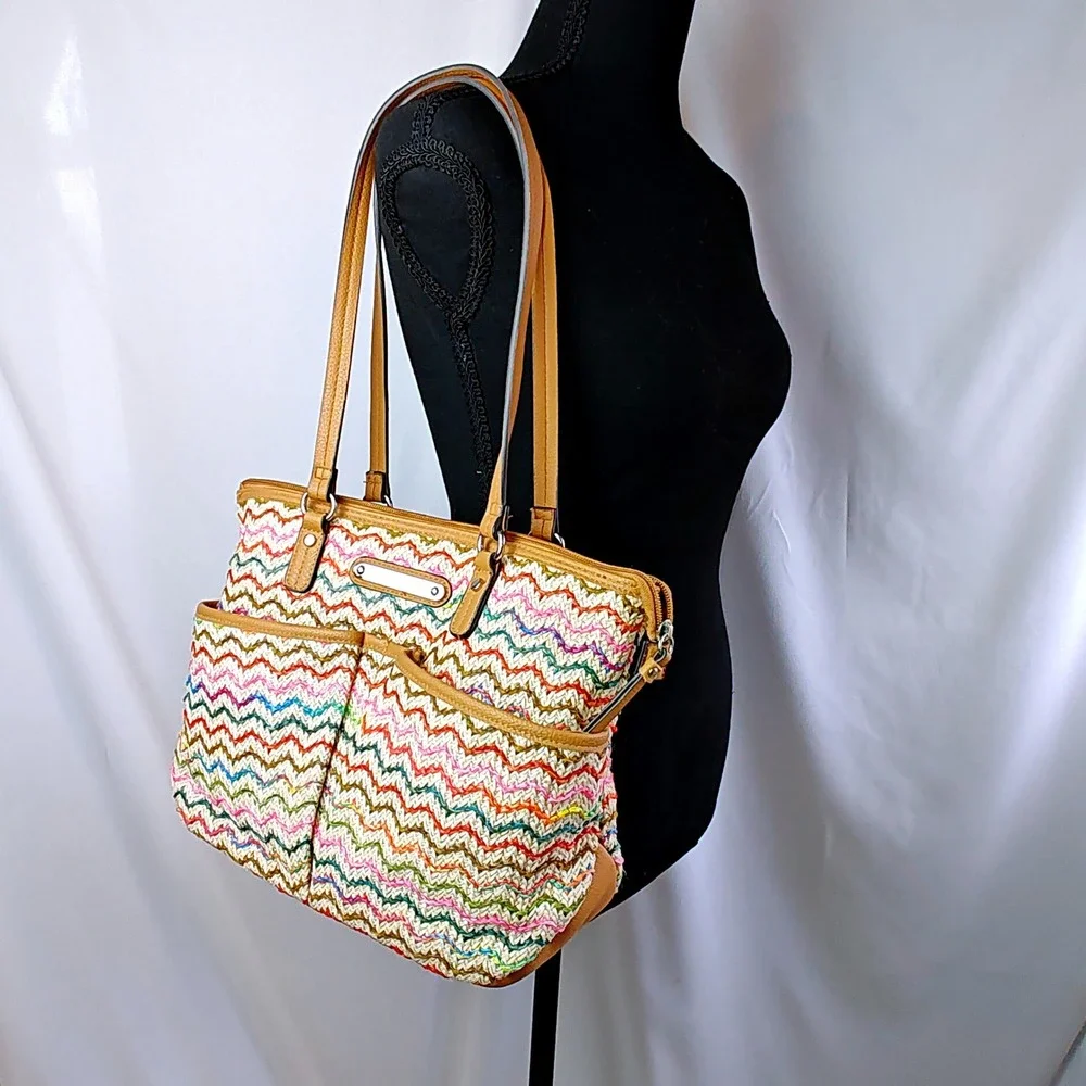 Rosetti Multicolor Chevron Woven Tote Bag Boho Straw Look Shoulder Purse - Picture 3 of 7